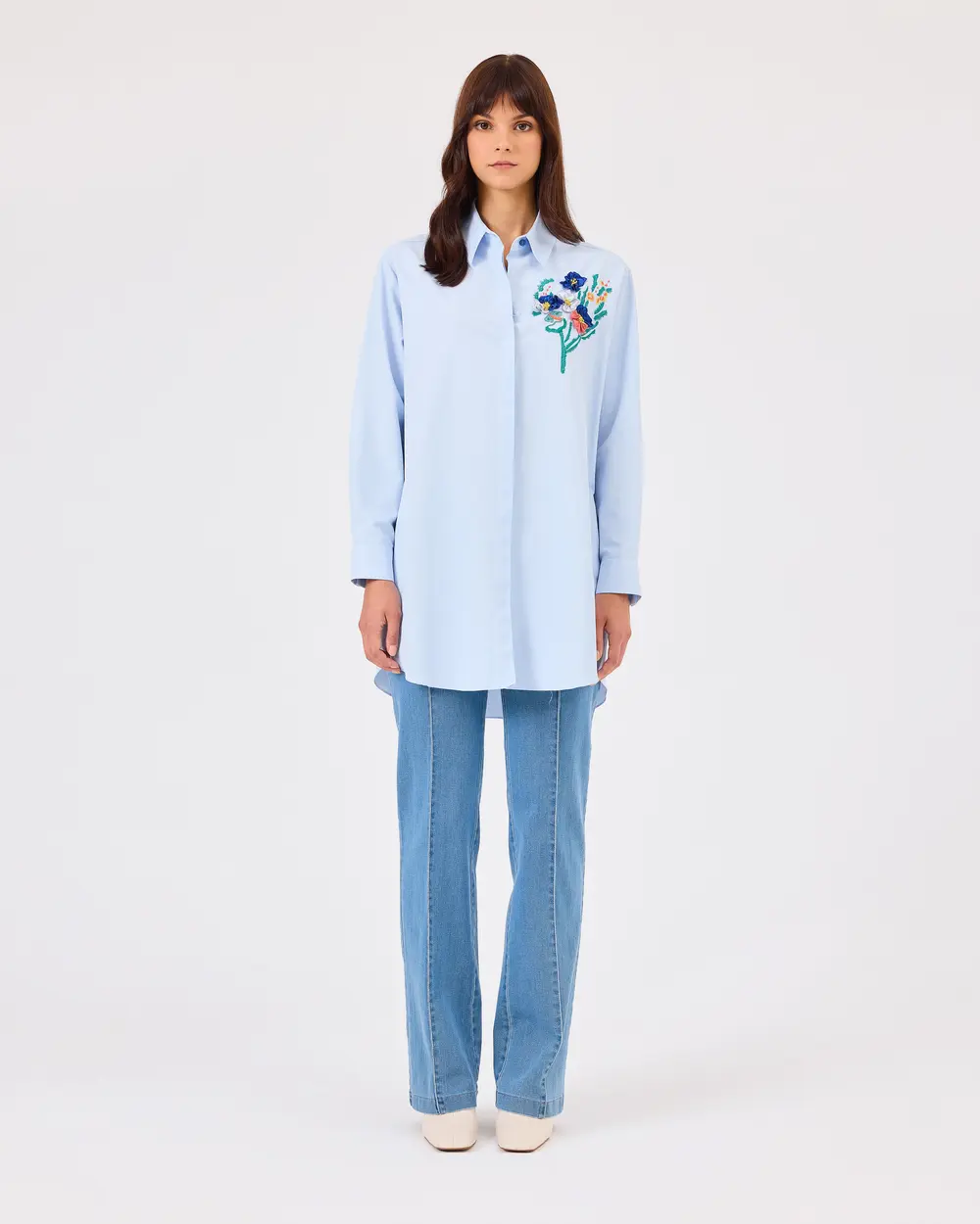 Embroidered Button Detailed Long Sleeve Shirt