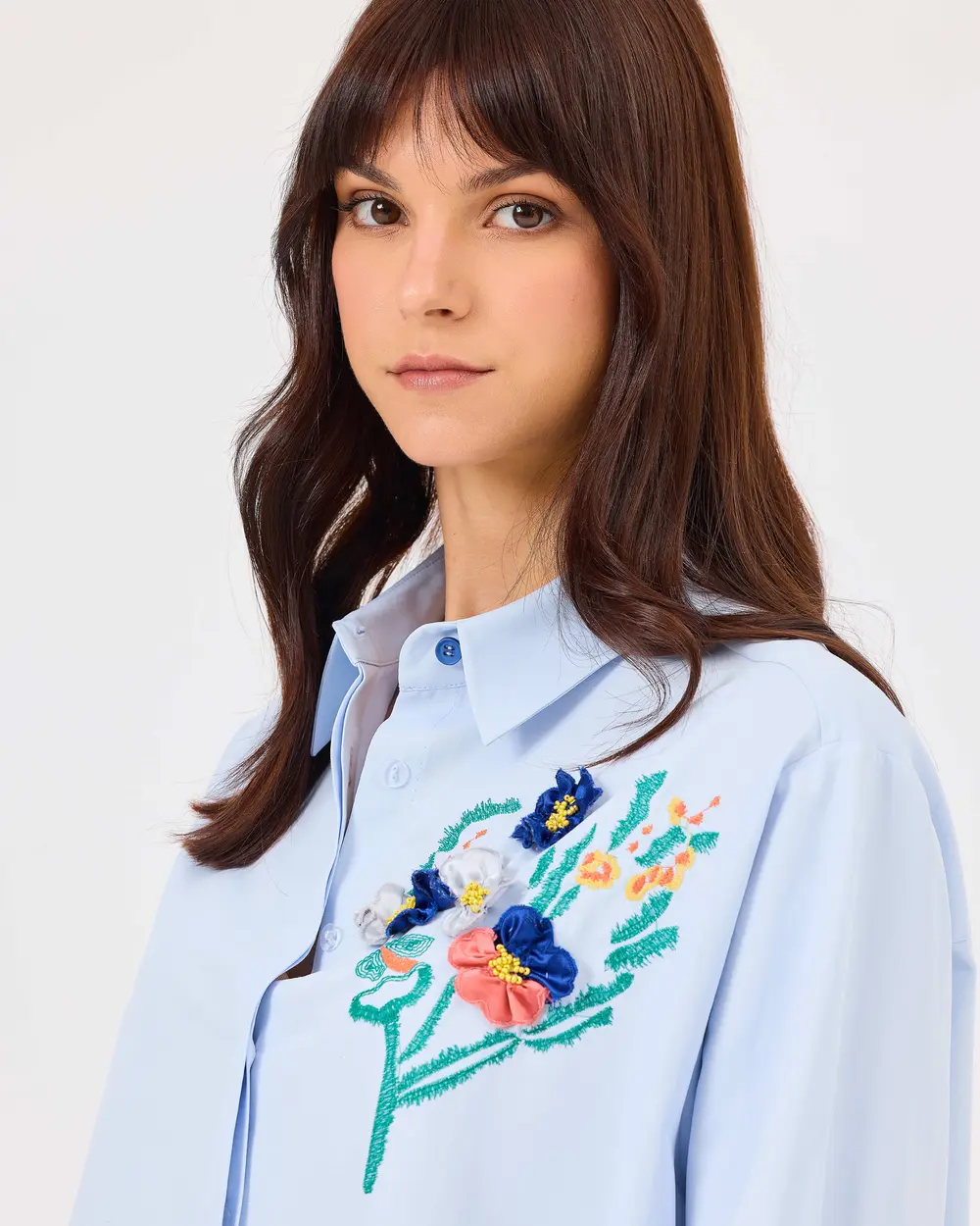 Embroidered Button Detailed Long Sleeve Shirt