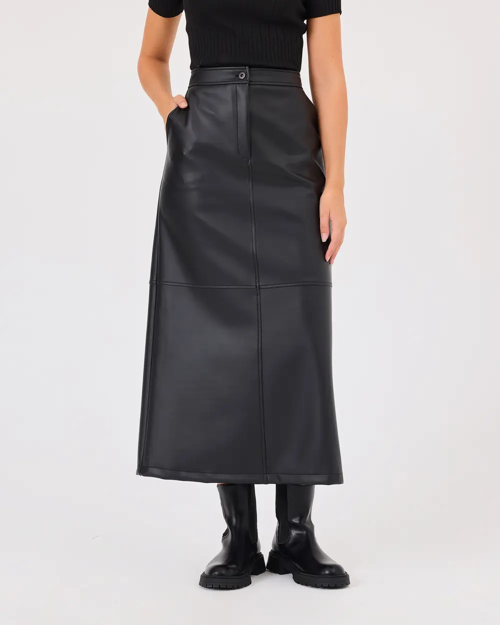 Faux Leather Skirt with Pocket Button Detail