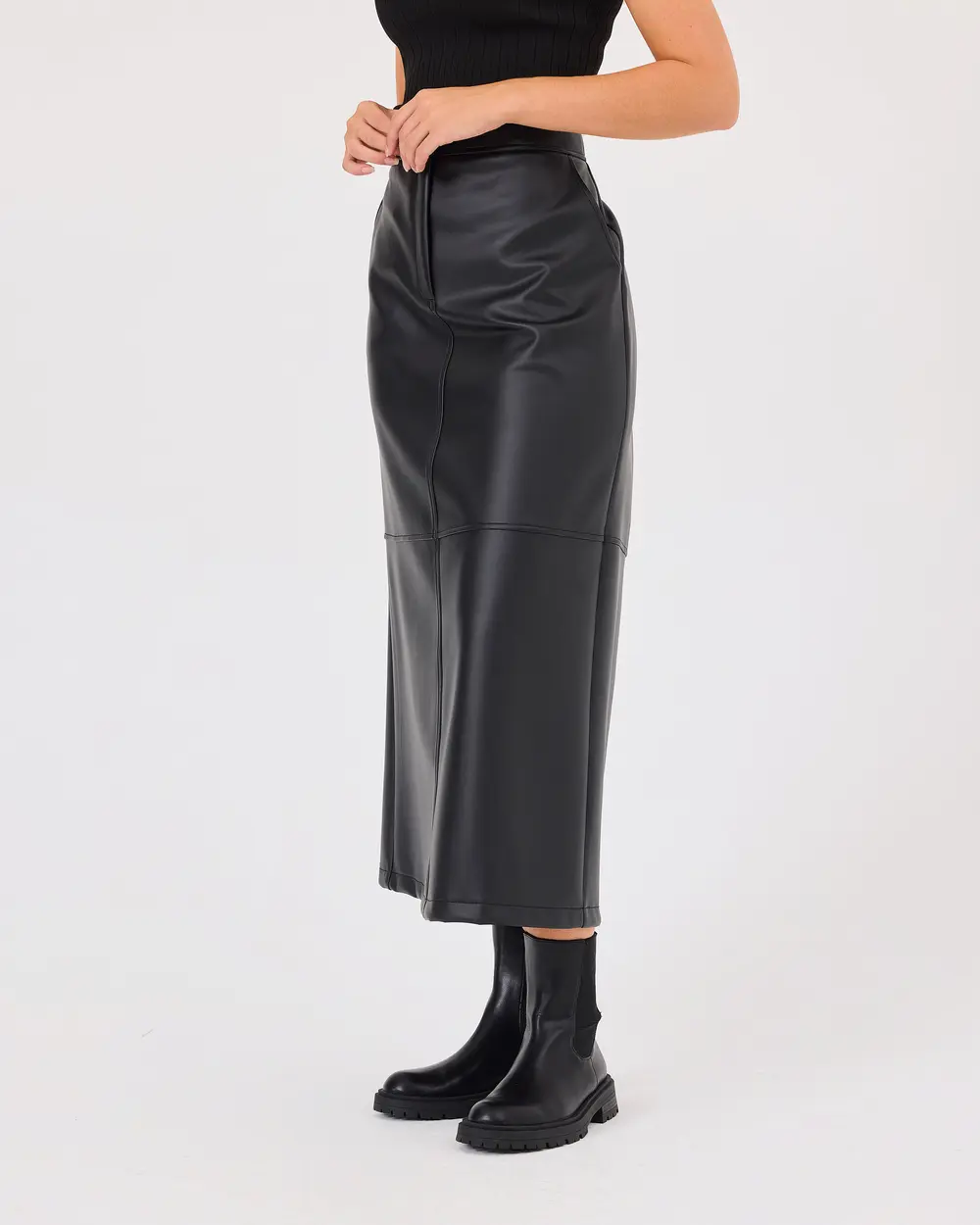 Faux Leather Skirt with Pocket Button Detail