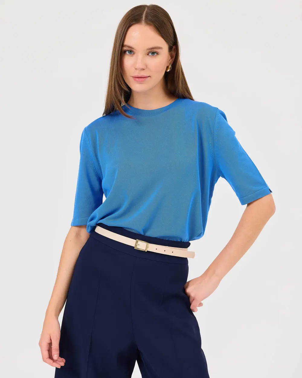 Zero Collar Short Sleeve Sweater Blouse