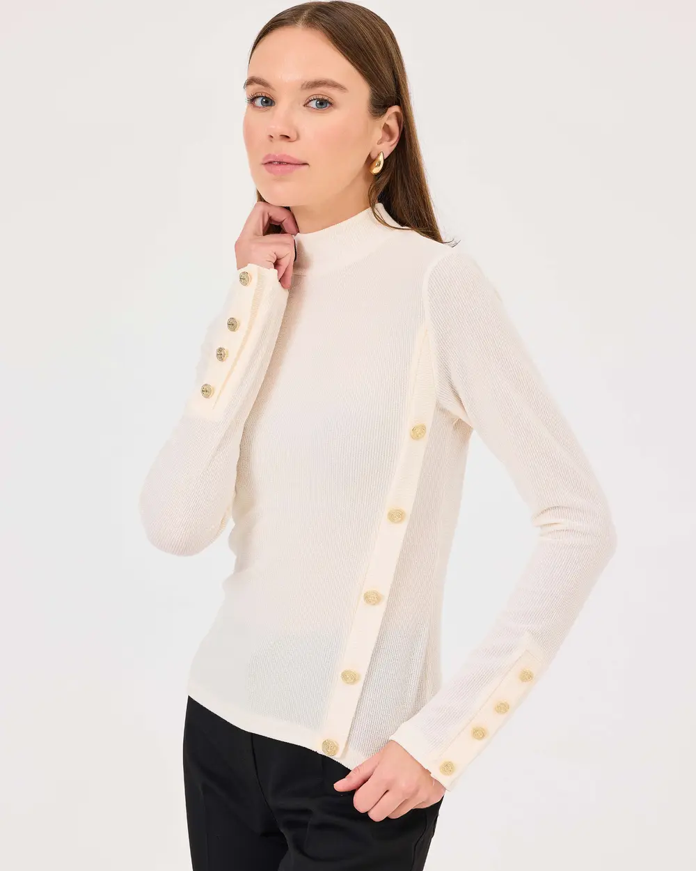 Stand Collar Button Detailed Waist Length Blouse