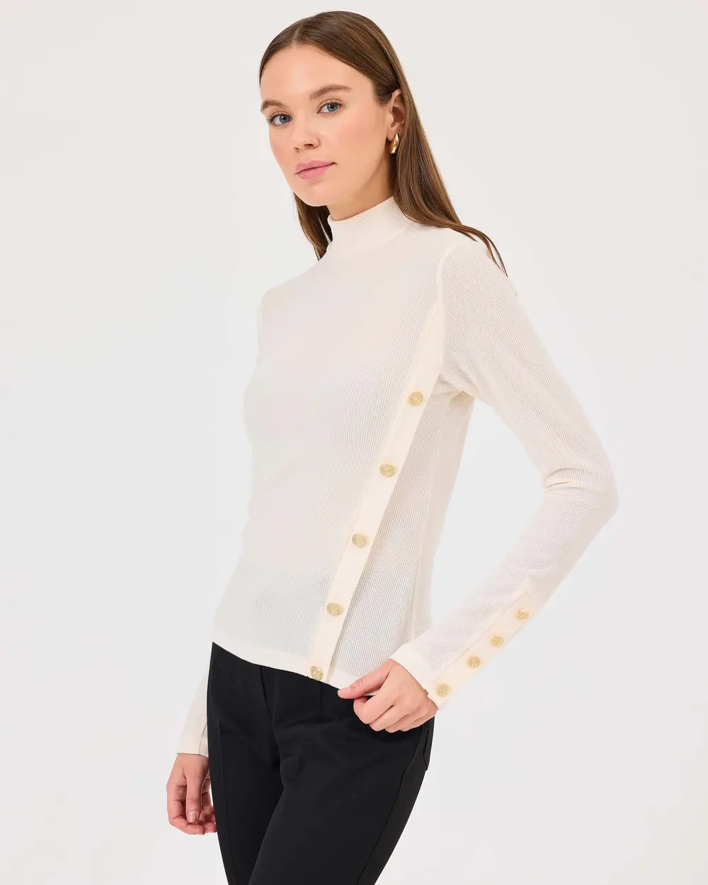 Stand Collar Button Detailed Waist Length Blouse