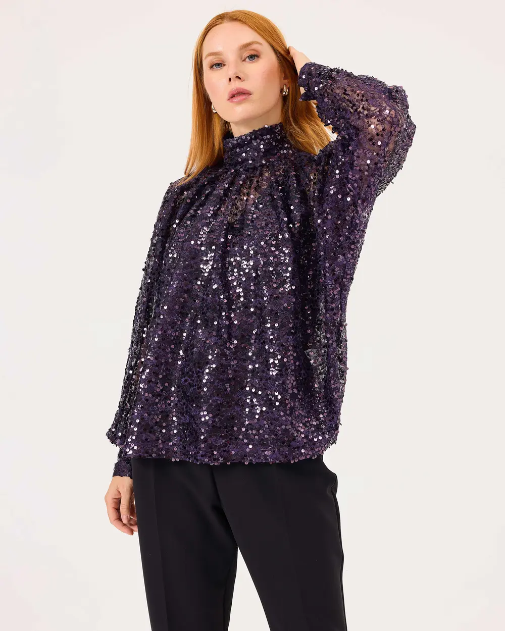 Stand Collar Sequined Elegant Blouse