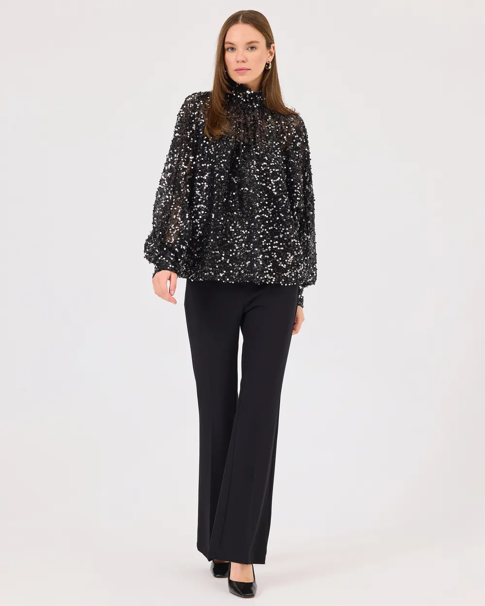 Stand Collar Sequined Elegant Blouse