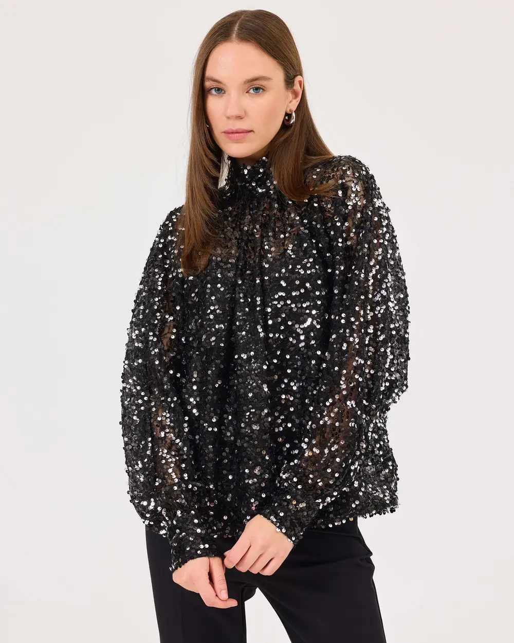 Stand Collar Sequined Elegant Blouse