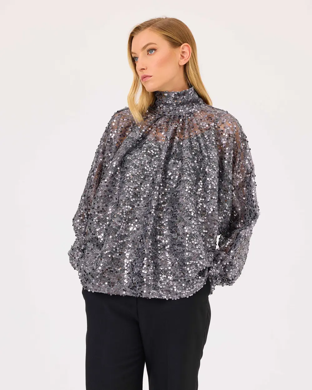 Stand Collar Sequined Elegant Blouse