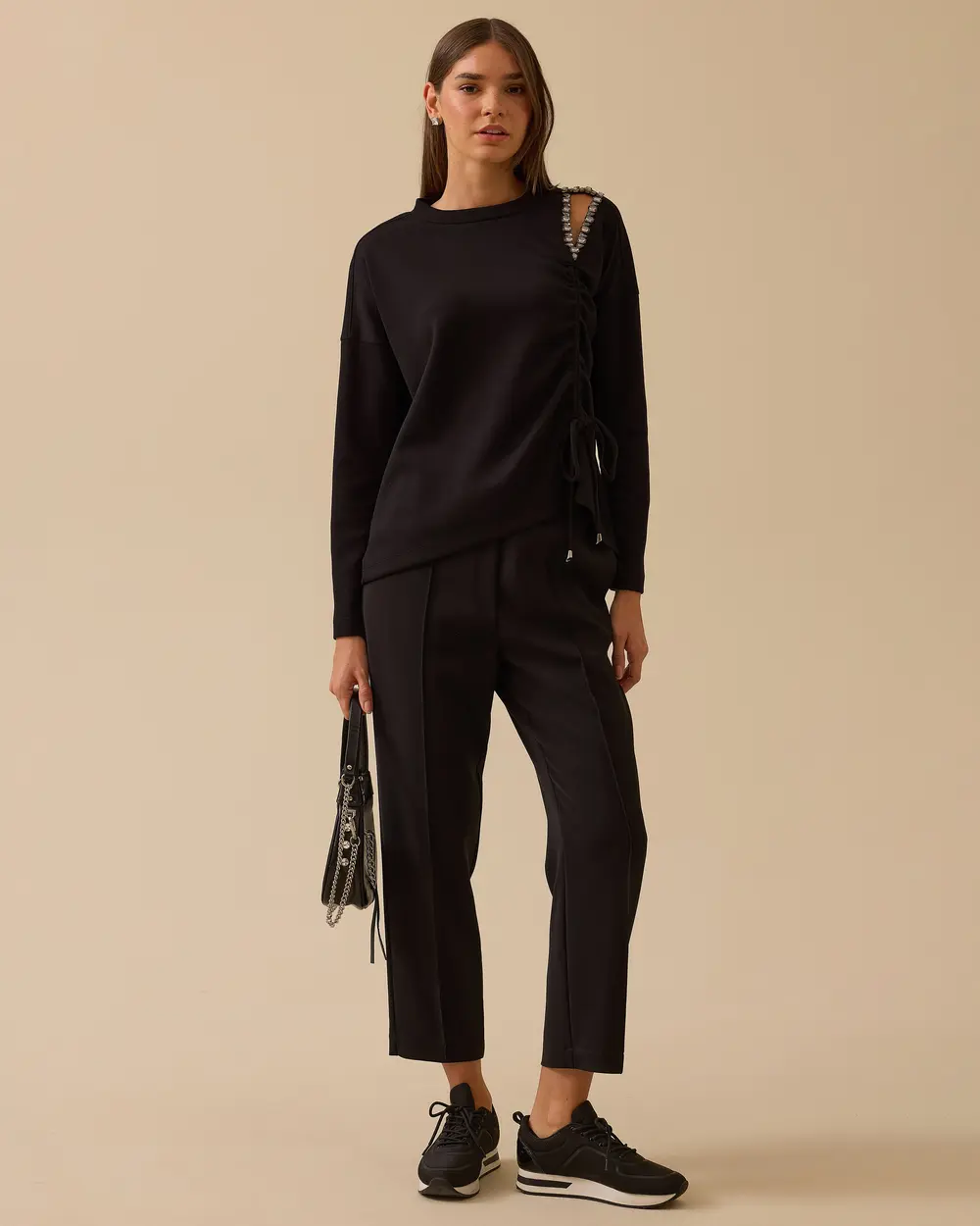 Shirred Blouse with Stone Window Detail