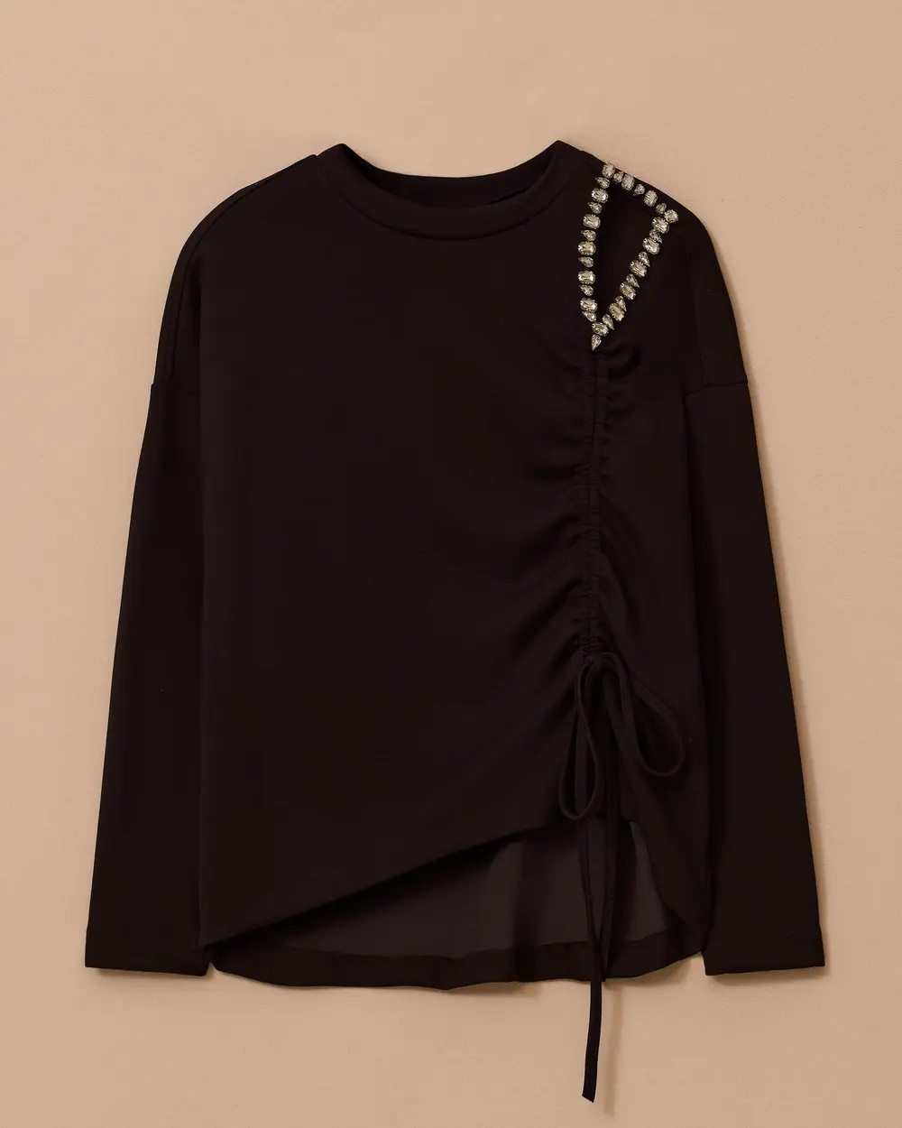 Taşlı Pencere Detaylı Büzgülü Bluz