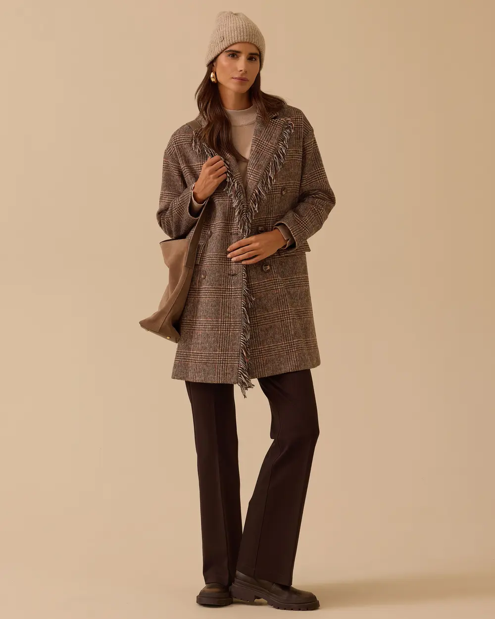 Ekose Desenli Cepli Püskül Detaylı Kaban