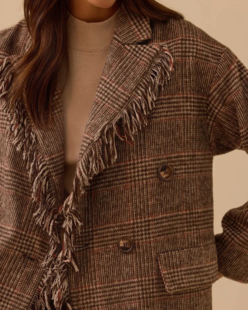 Ekose Desenli Cepli Püskül Detaylı Kaban