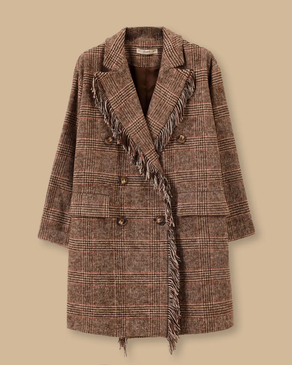 Ekose Desenli Cepli Püskül Detaylı Kaban