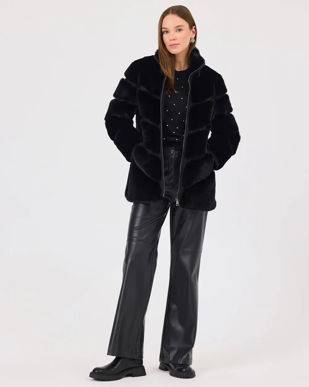 Stand Collar Lined Plush Coat with Zipper