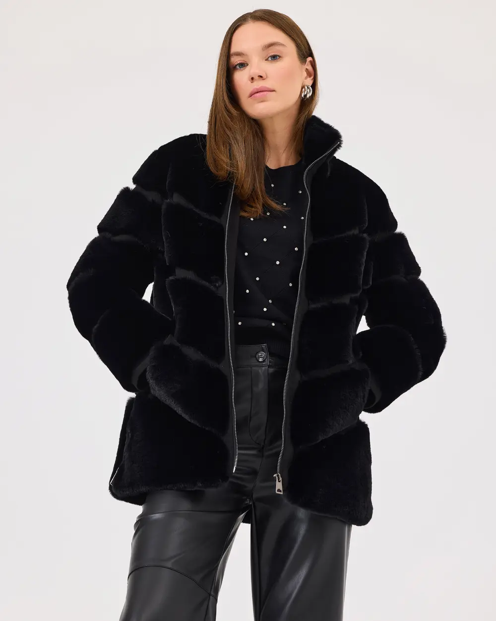 Stand Collar Lined Plush Coat with Zipper