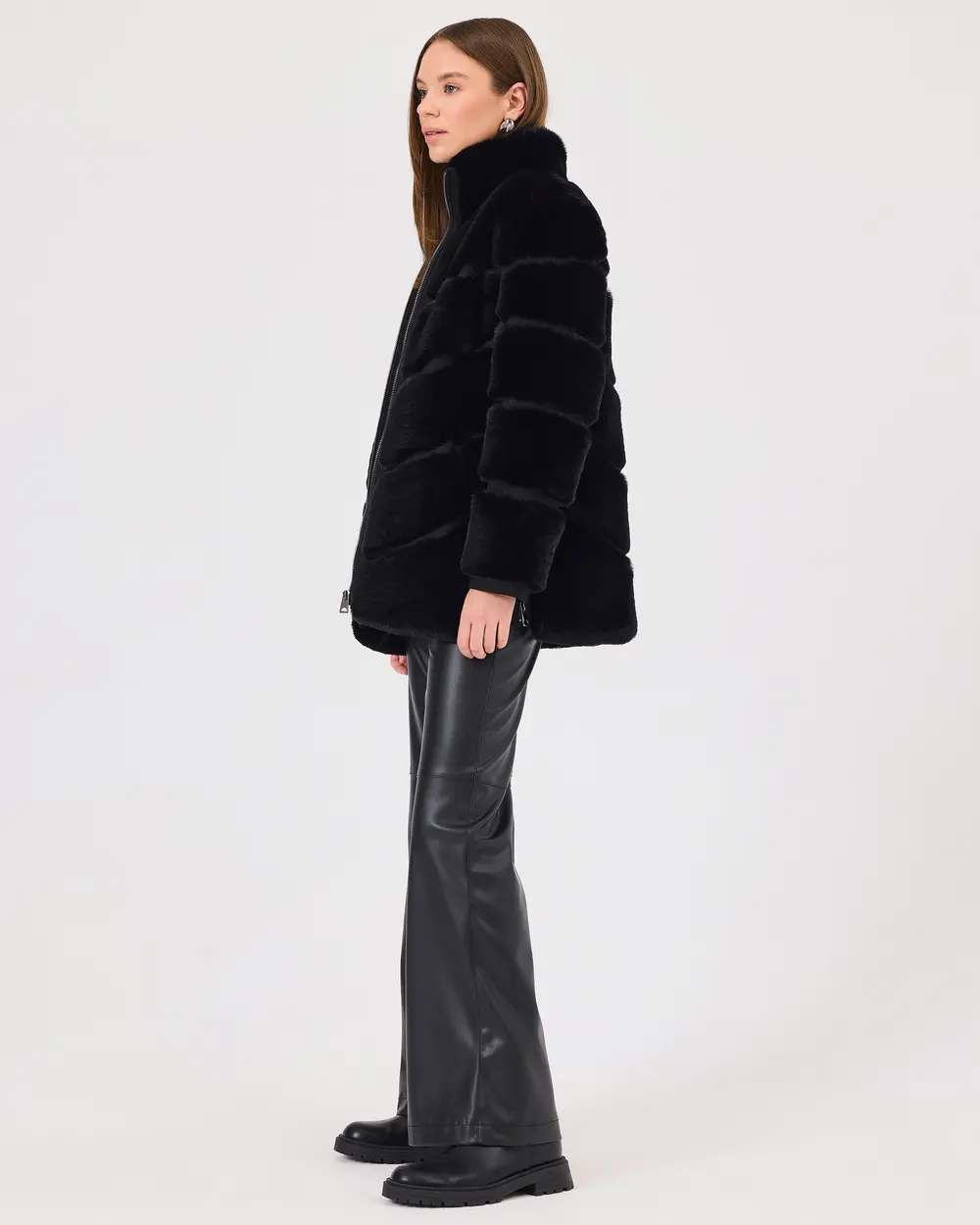 Stand Collar Lined Plush Coat with Zipper