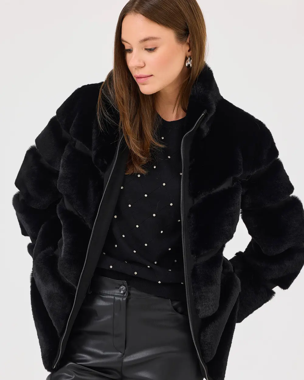 Stand Collar Lined Plush Coat with Zipper