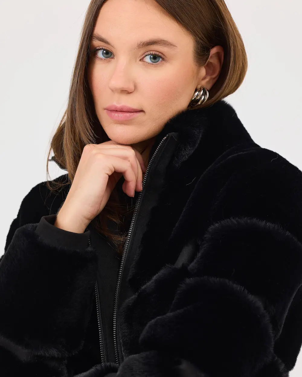 Stand Collar Lined Plush Coat with Zipper