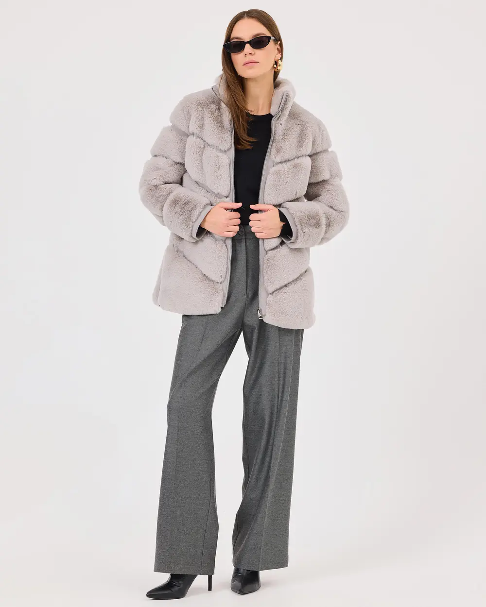 Stand Collar Lined Plush Coat with Zipper