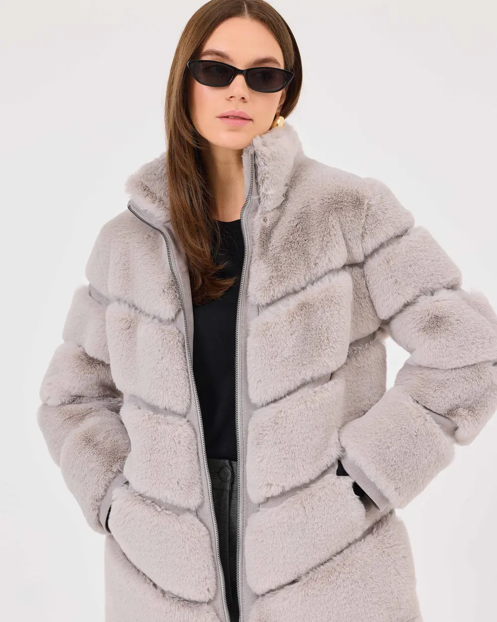 Stand Collar Lined Plush Coat with Zipper