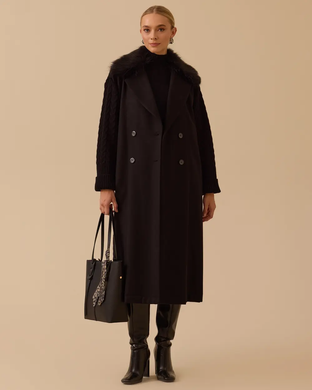 Çift Kumaşlı Kuşaklı Cepli Kaban