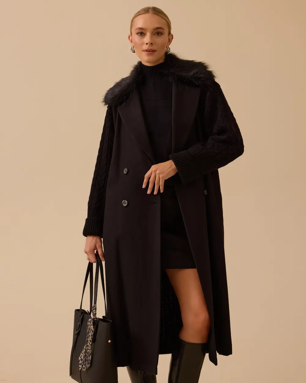 Çift Kumaşlı Kuşaklı Cepli Kaban