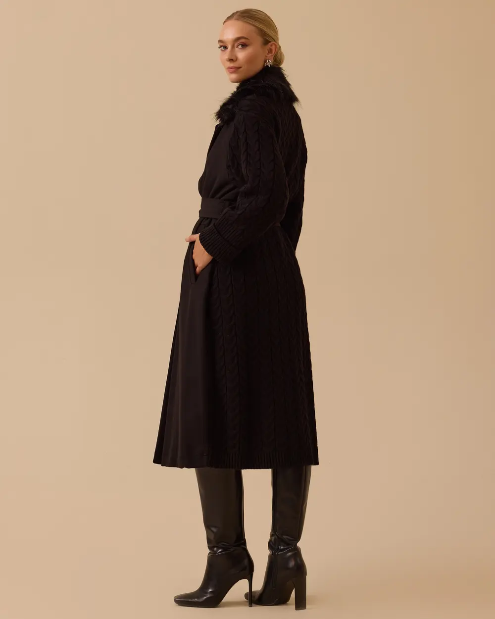 Çift Kumaşlı Kuşaklı Cepli Kaban