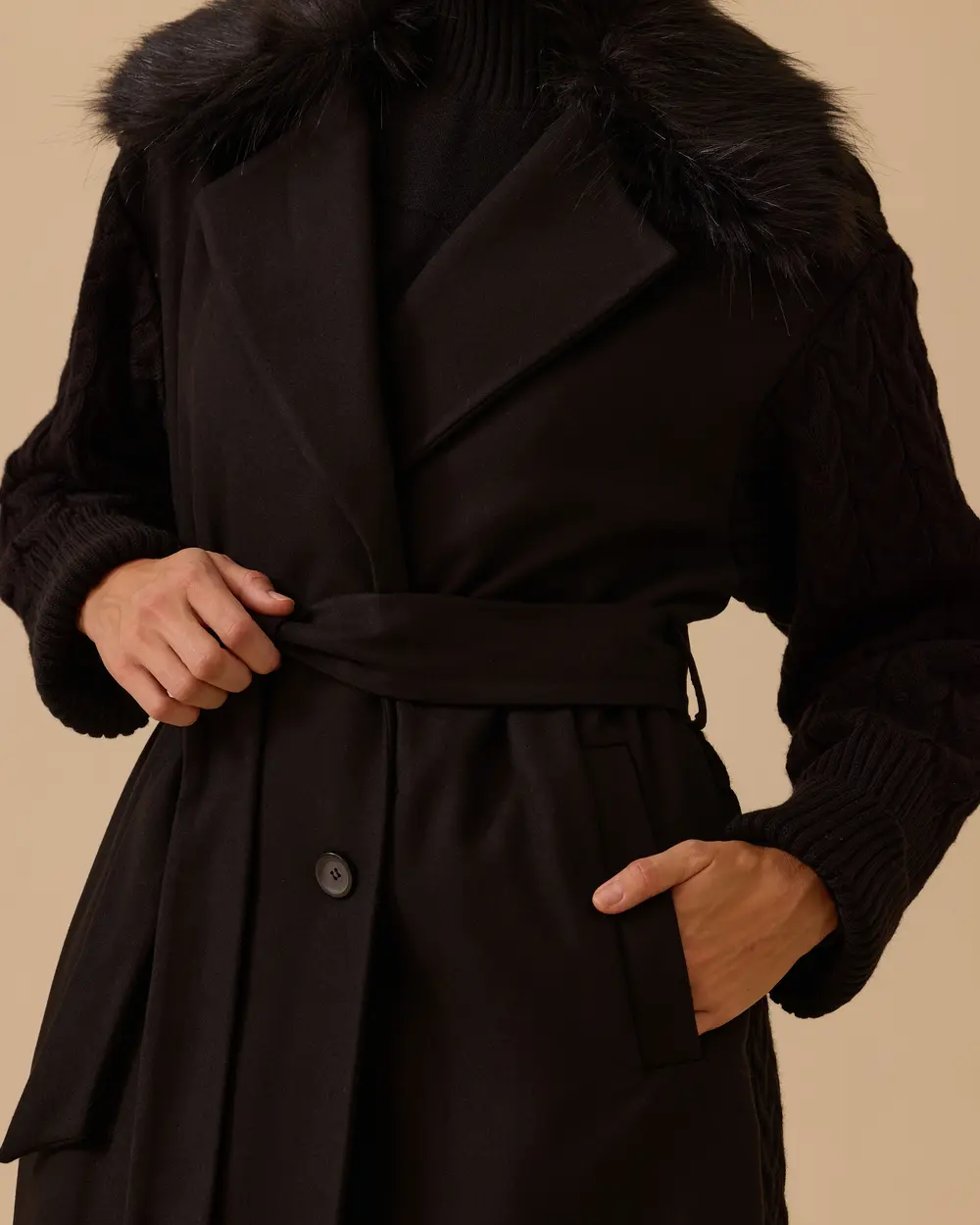 Çift Kumaşlı Kuşaklı Cepli Kaban