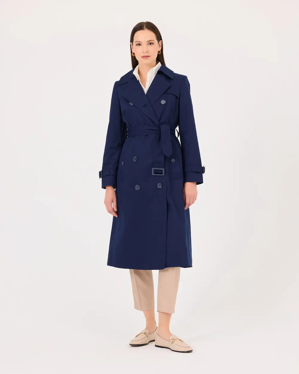 Double-breasted Collar Belted Trench Coat