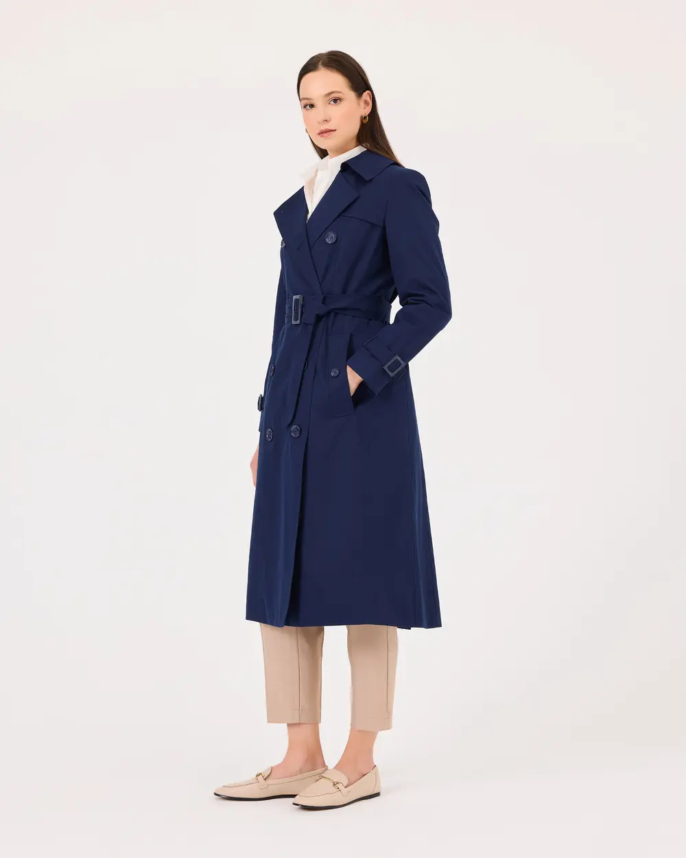 Double-breasted Collar Belted Trench Coat