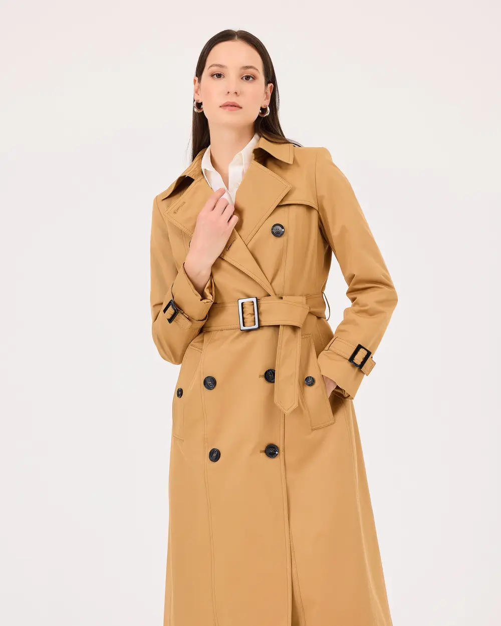 Double-breasted Collar Belted Trench Coat