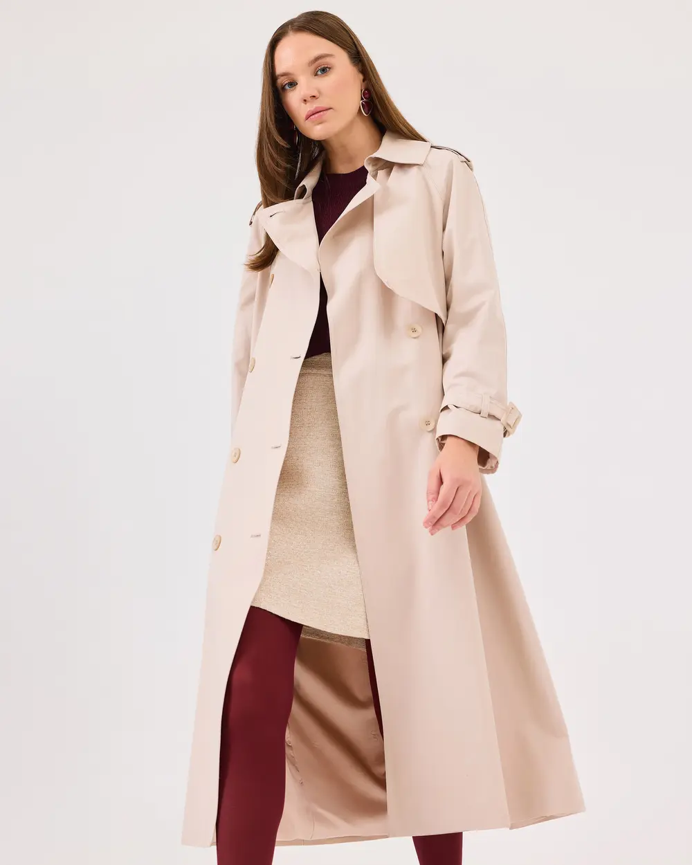 Double-breasted Collar Pocket Belted Trench Coat