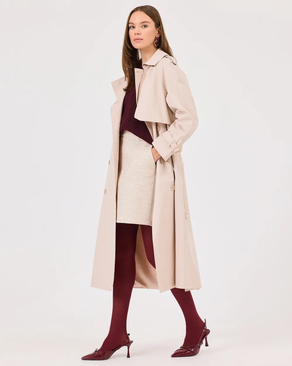 Double-breasted Collar Pocket Belted Trench Coat