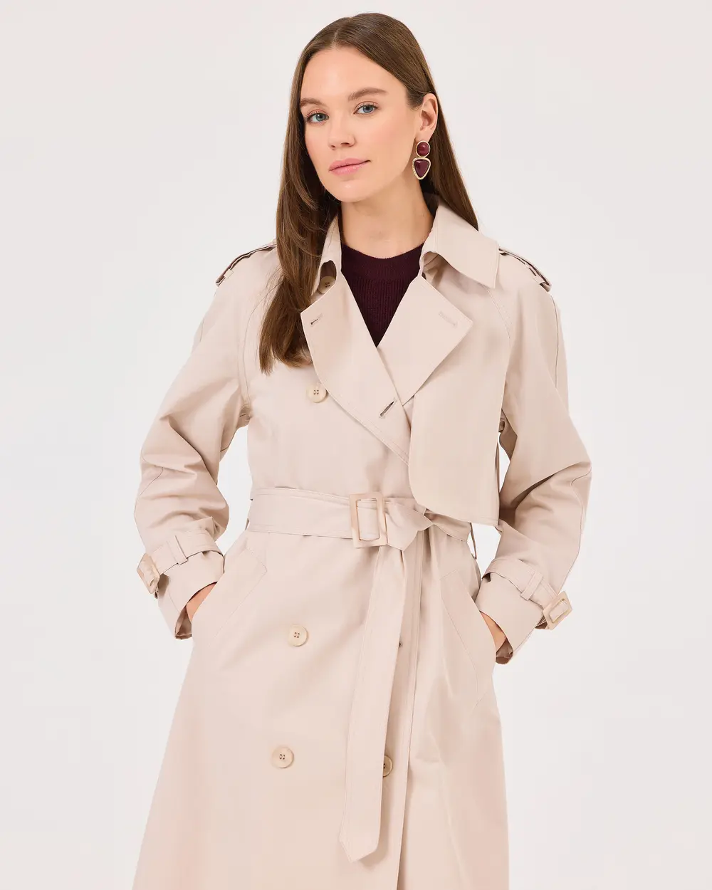 Double-breasted Collar Pocket Belted Trench Coat