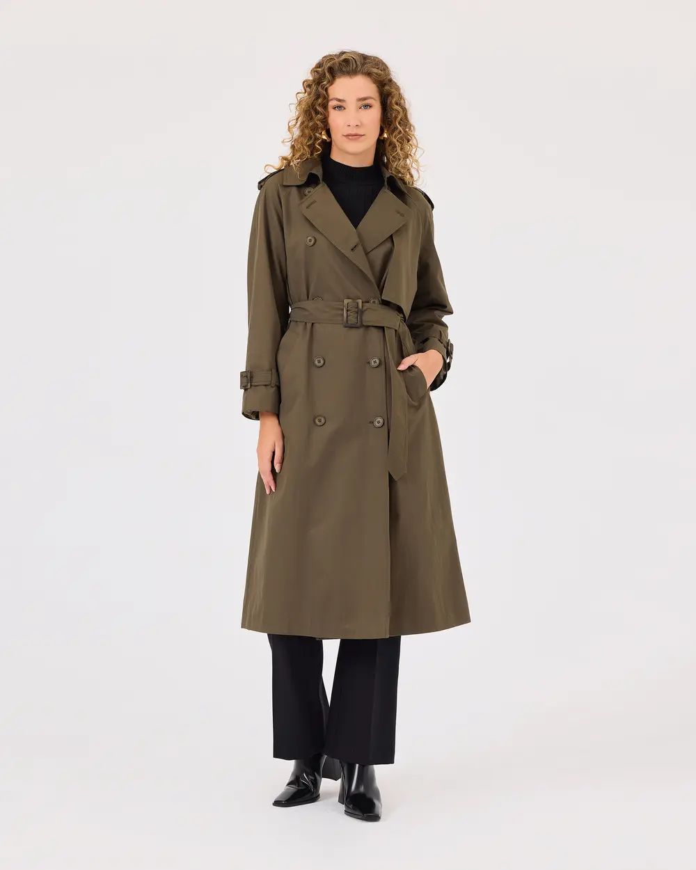 Double-breasted Collar Pocket Belted Trench Coat