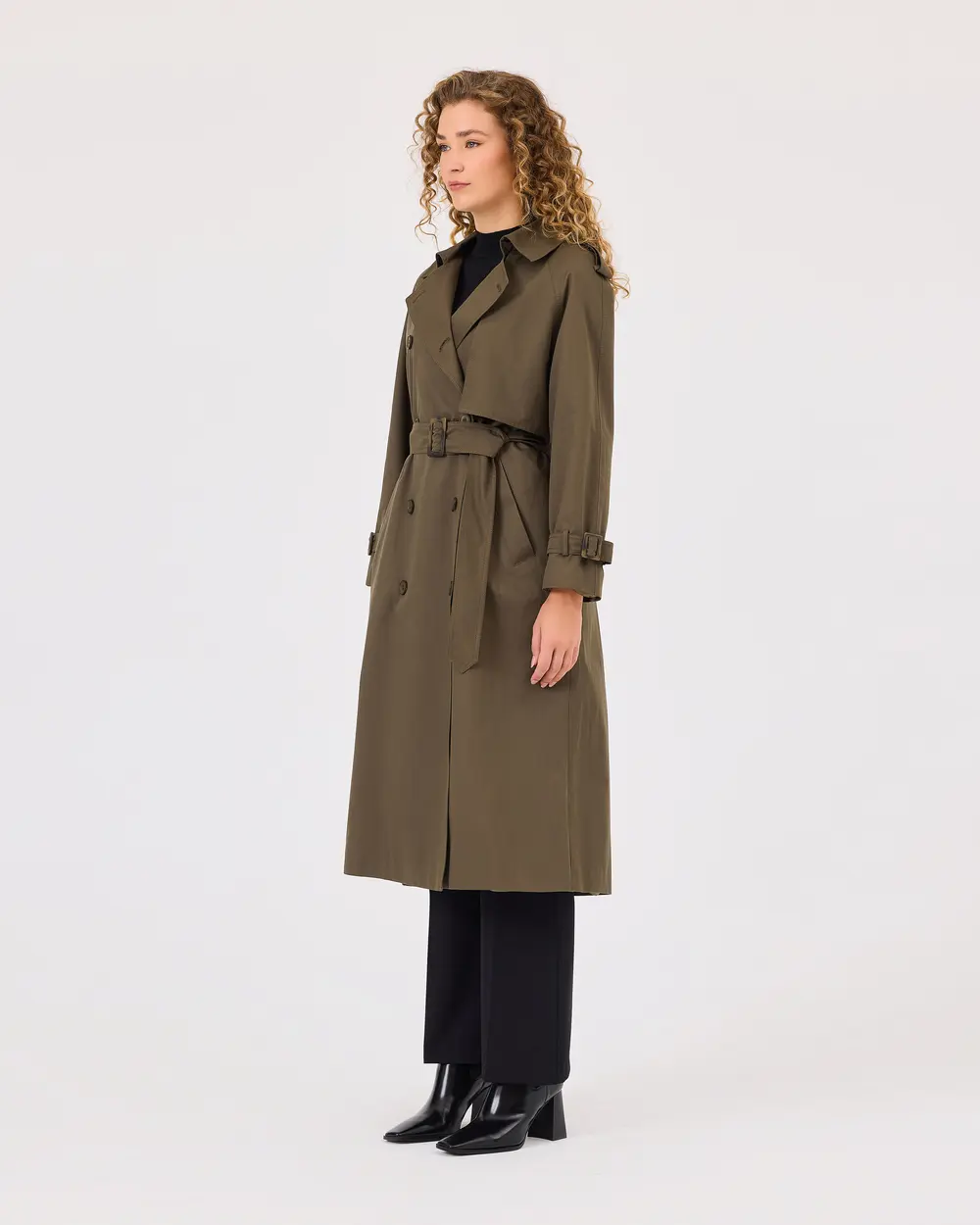 Double-breasted Collar Pocket Belted Trench Coat