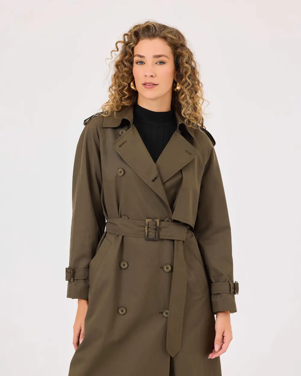 Double-breasted Collar Pocket Belted Trench Coat