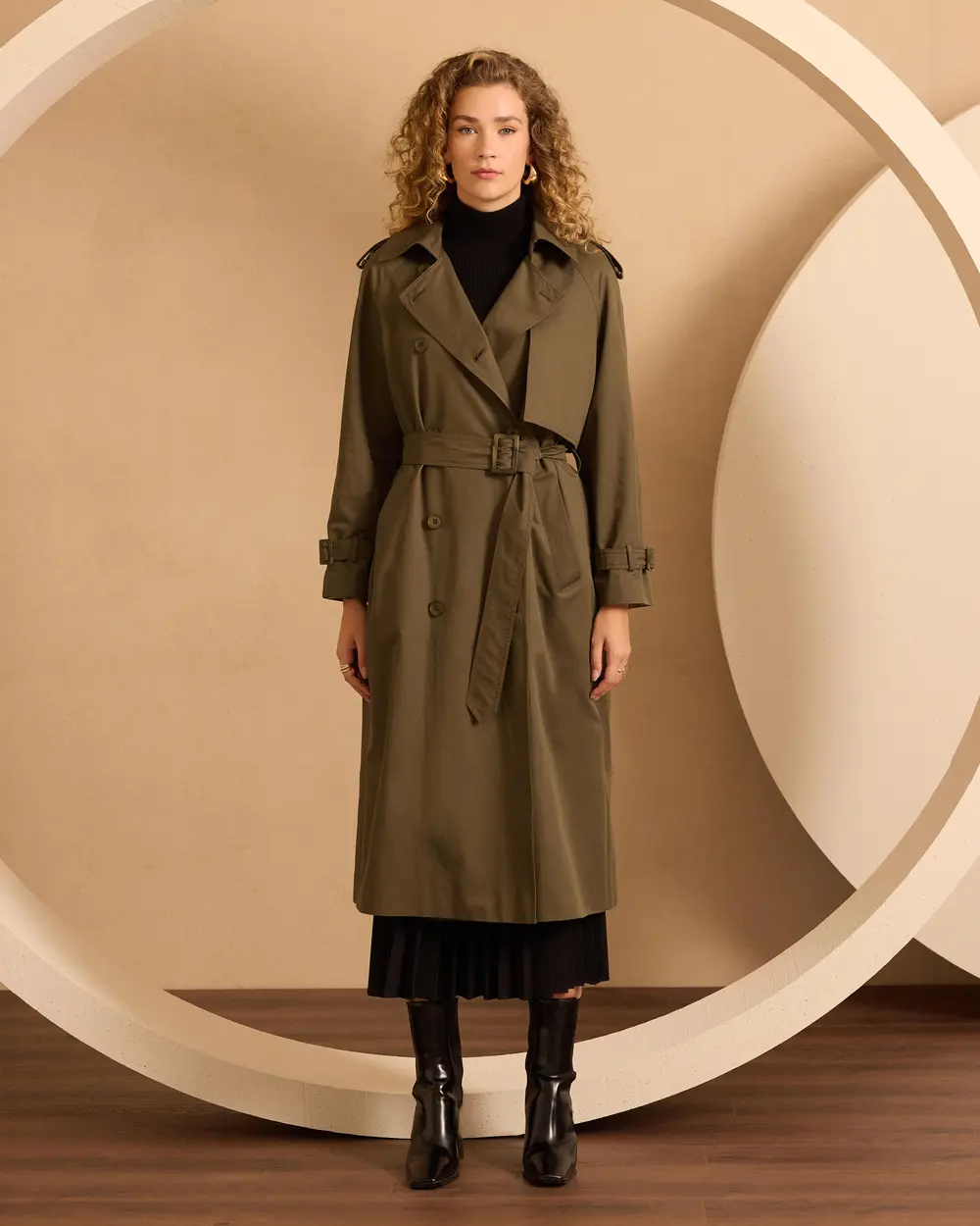 Double-breasted Collar Pocket Belted Trench Coat