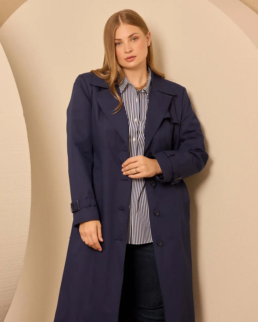 Plus Size Button Detailed Trench Coat with Pockets