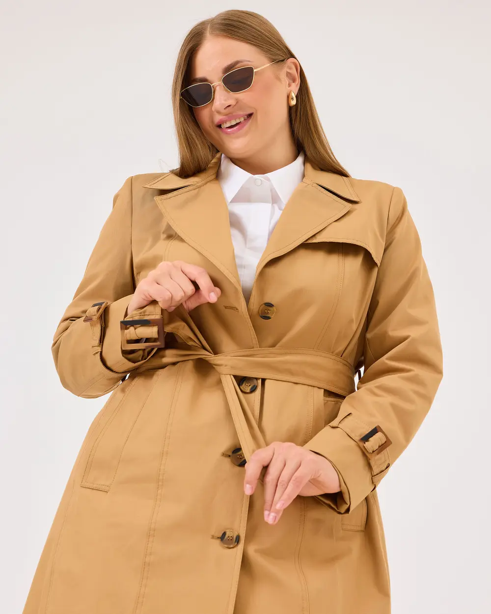 Plus Size Button Detailed Trench Coat with Pockets