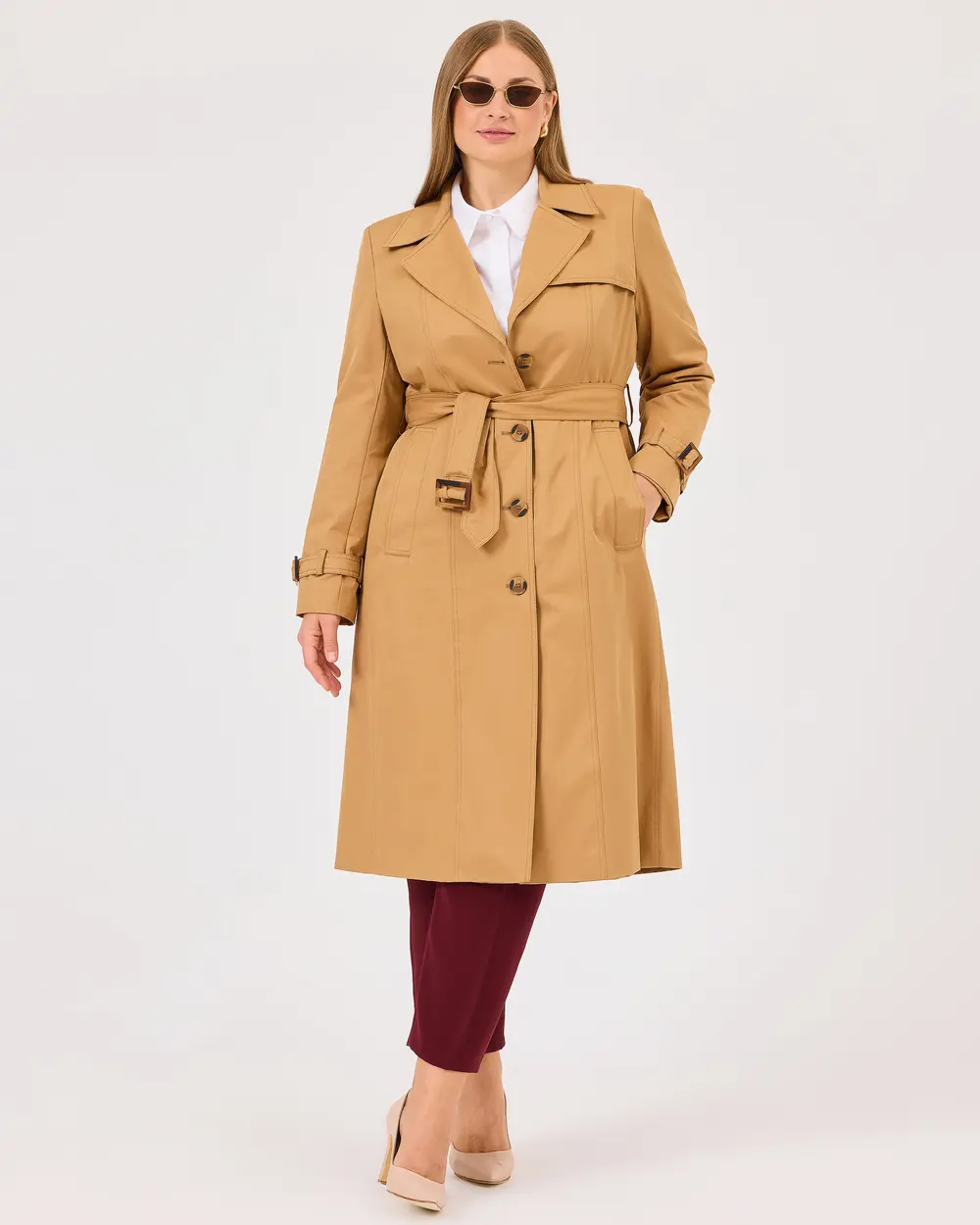 Plus Size Button Detailed Trench Coat with Pockets