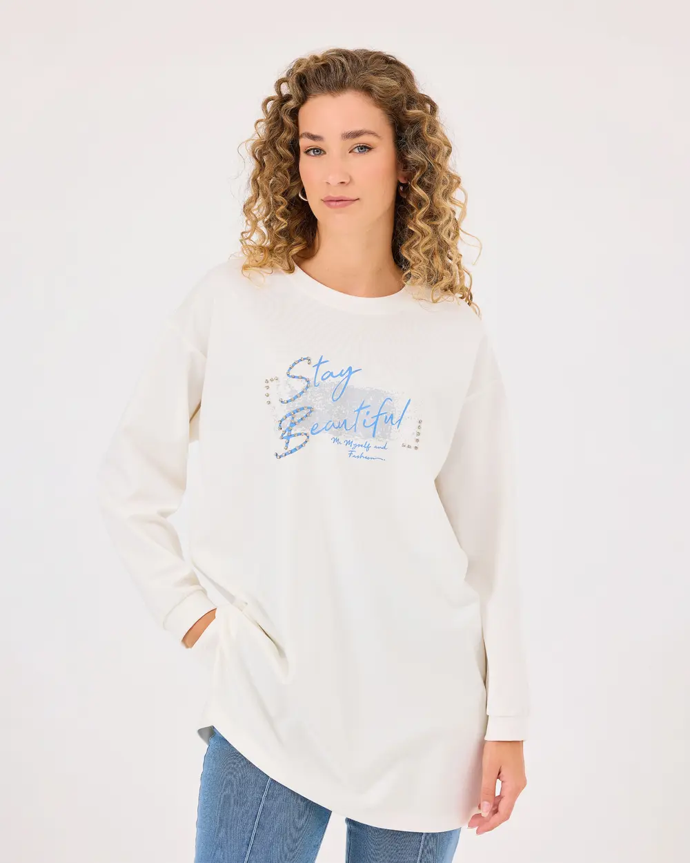 Yuvarlak Yaka Baskılı Uzun Kollu Sweatshirt