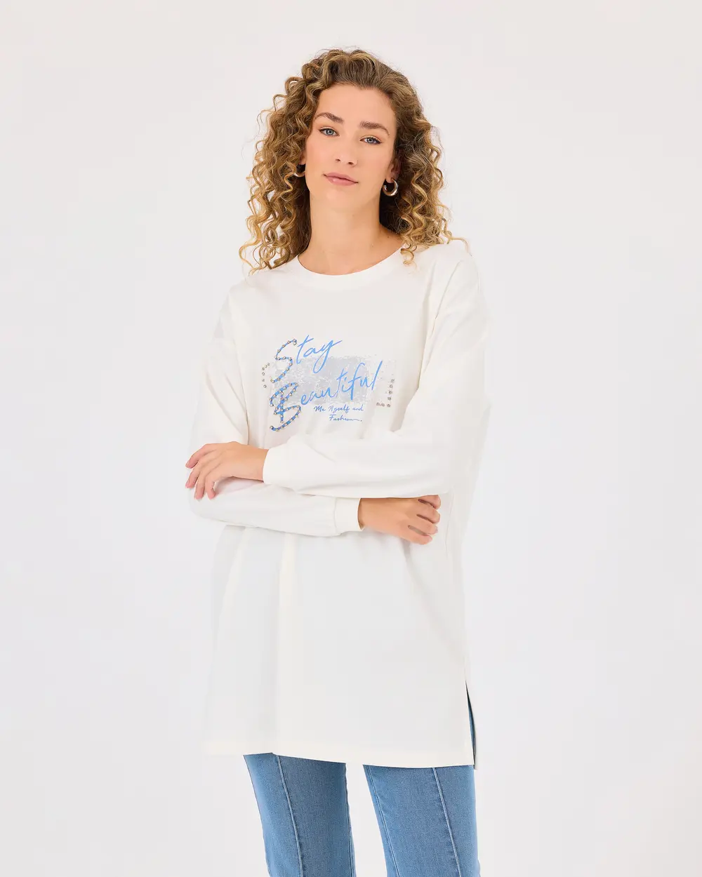 Round Neck Printed Long Sleeve Sweatshirt