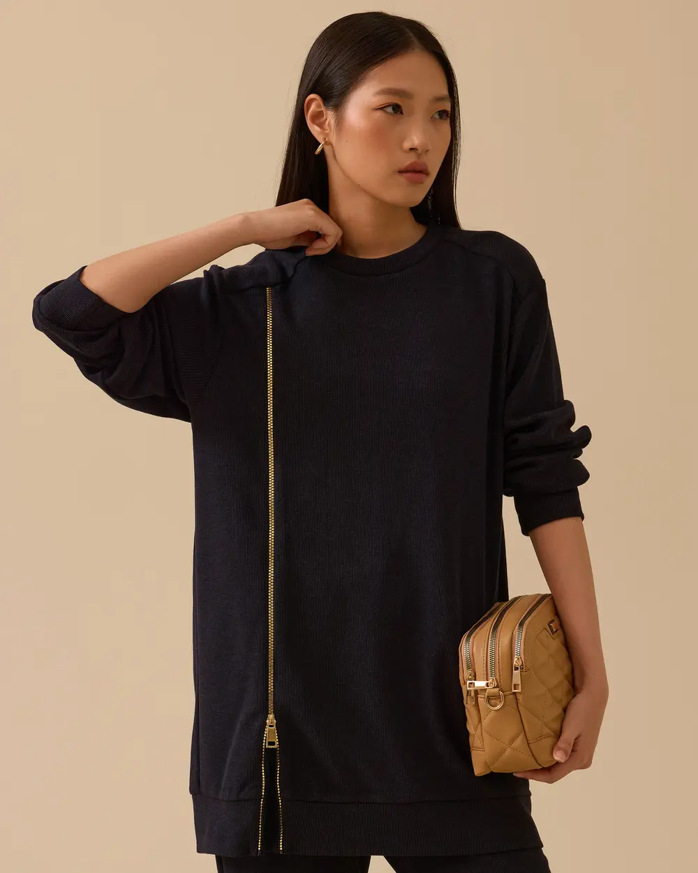 Fermuar Detaylı Yuvarlak Yaka Sweatshirt