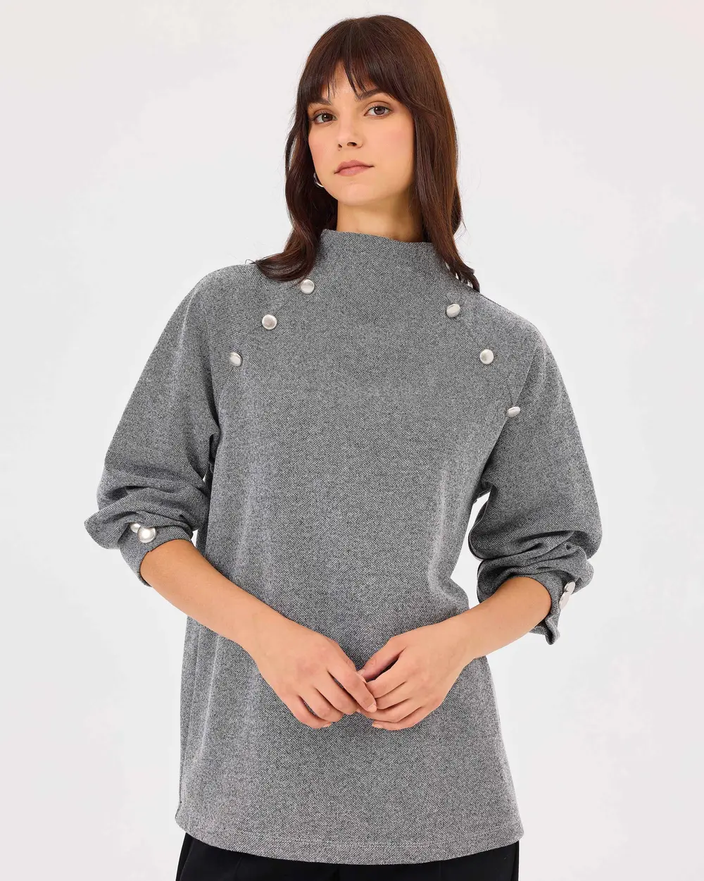 Stand Collar Button Detailed Sweatshirt