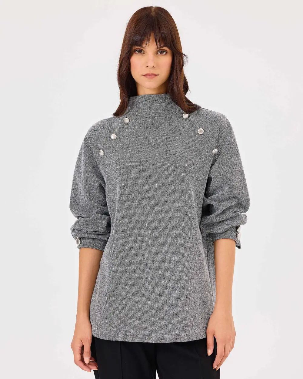 Stand Collar Button Detailed Sweatshirt