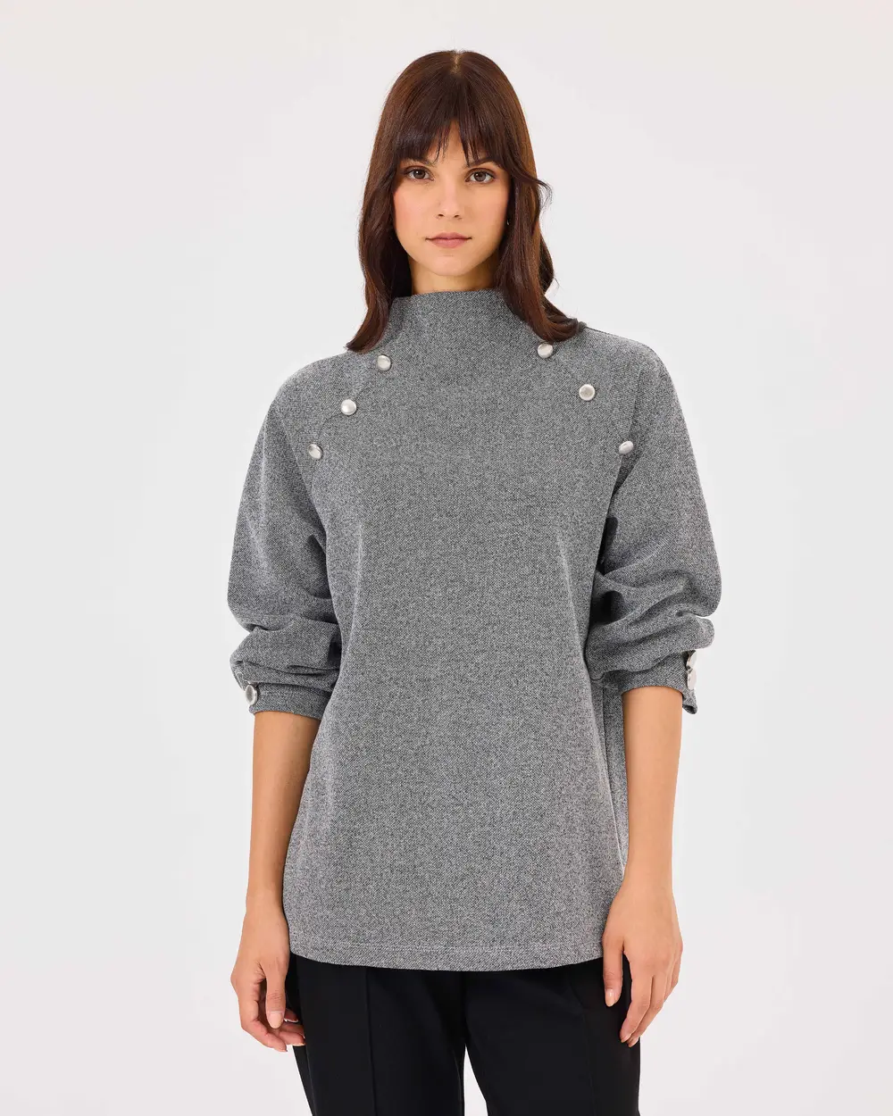 Stand Collar Button Detailed Sweatshirt