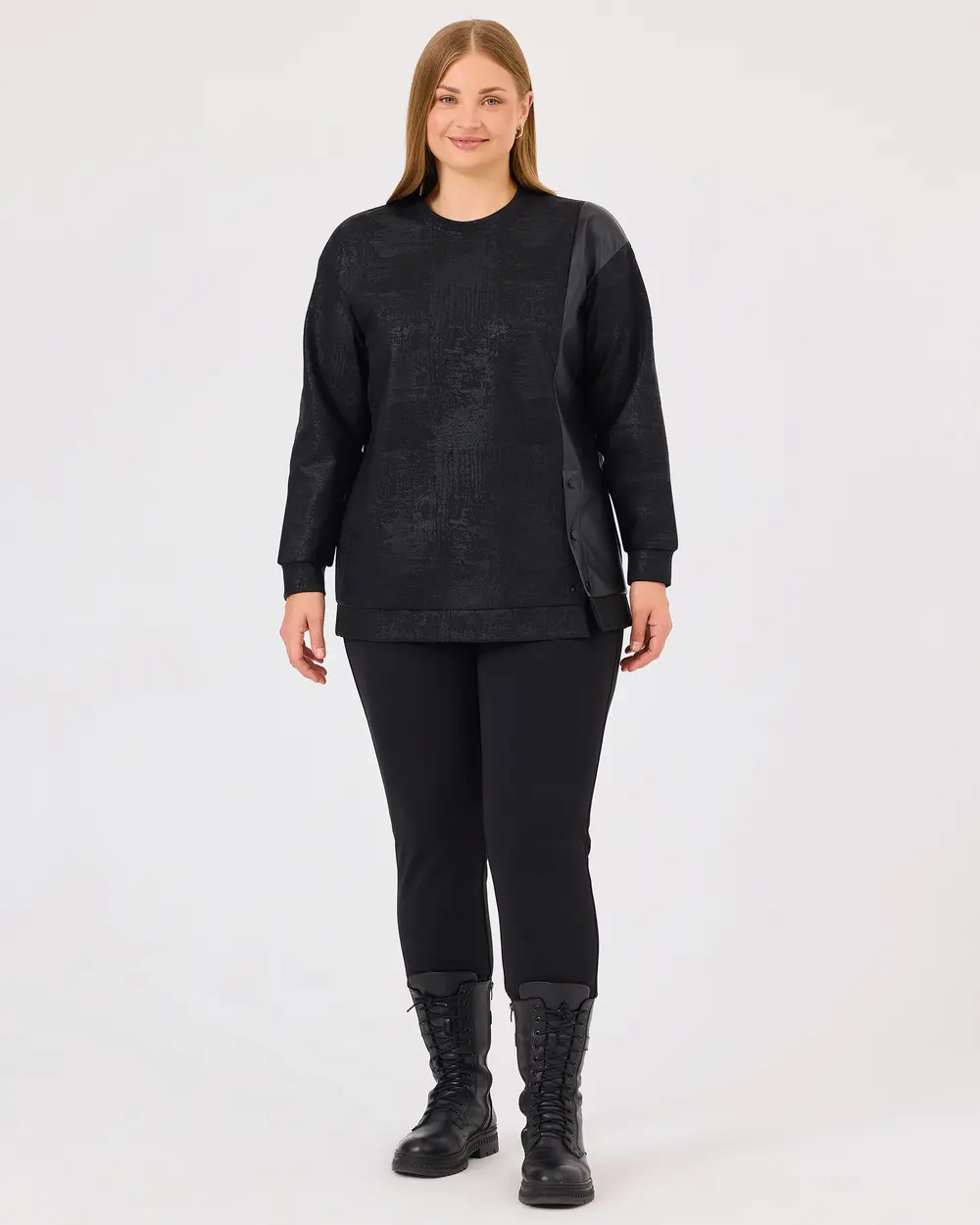 Plus Size Button Detailed Double Fabric Sweatshirt