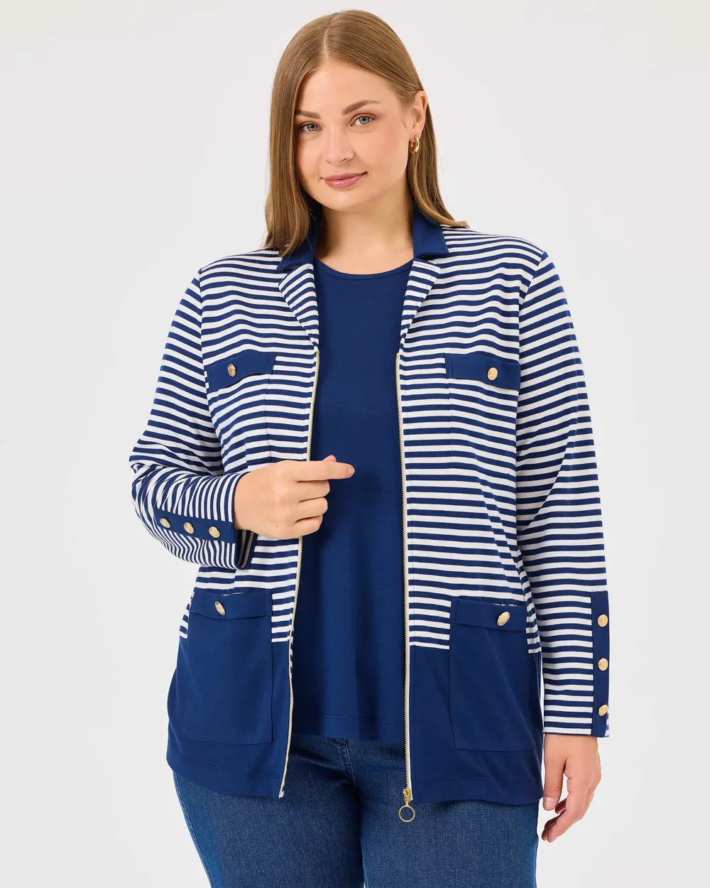 Plus Size Striped Zipper Top Suit