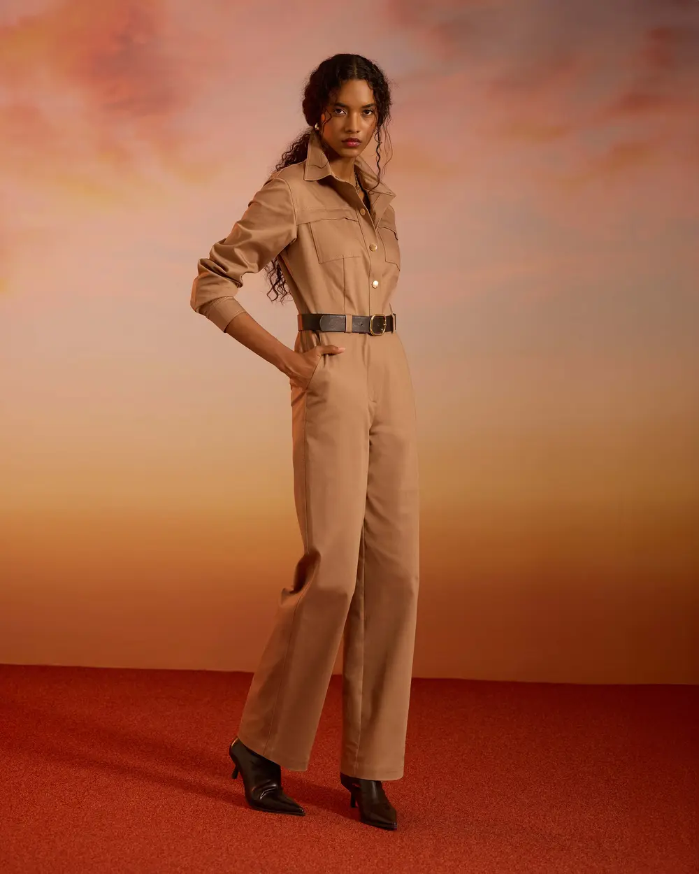 Shirt Collar Belted Pocket Detailed Jumpsuit