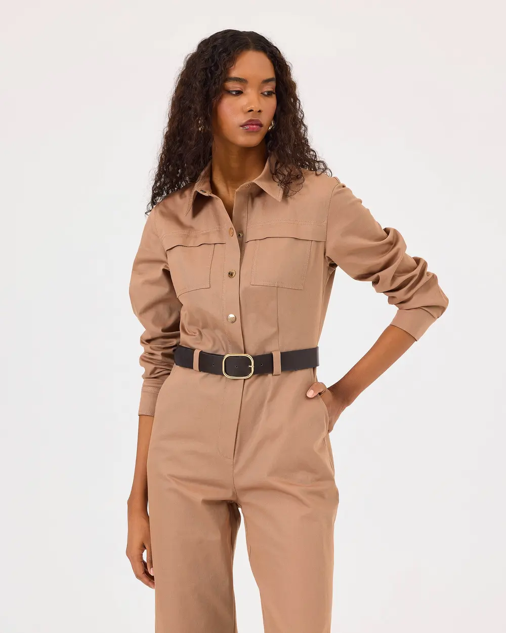 Shirt Collar Belted Pocket Detailed Jumpsuit